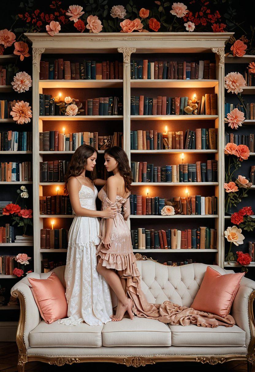 A visually striking collage of a vintage bookshelf overflowing with classic erotic literature, intertwined with soft, ethereal fabrics symbolizing sensuality. In the background, a silhouette of a couple sharing an intimate moment under romantic candlelight, surrounded by delicate flowers. The image should radiate warmth and allure, inviting viewers into the world of adult lifestyle choices. vibrant colors. soft focus. elegant aesthetic.