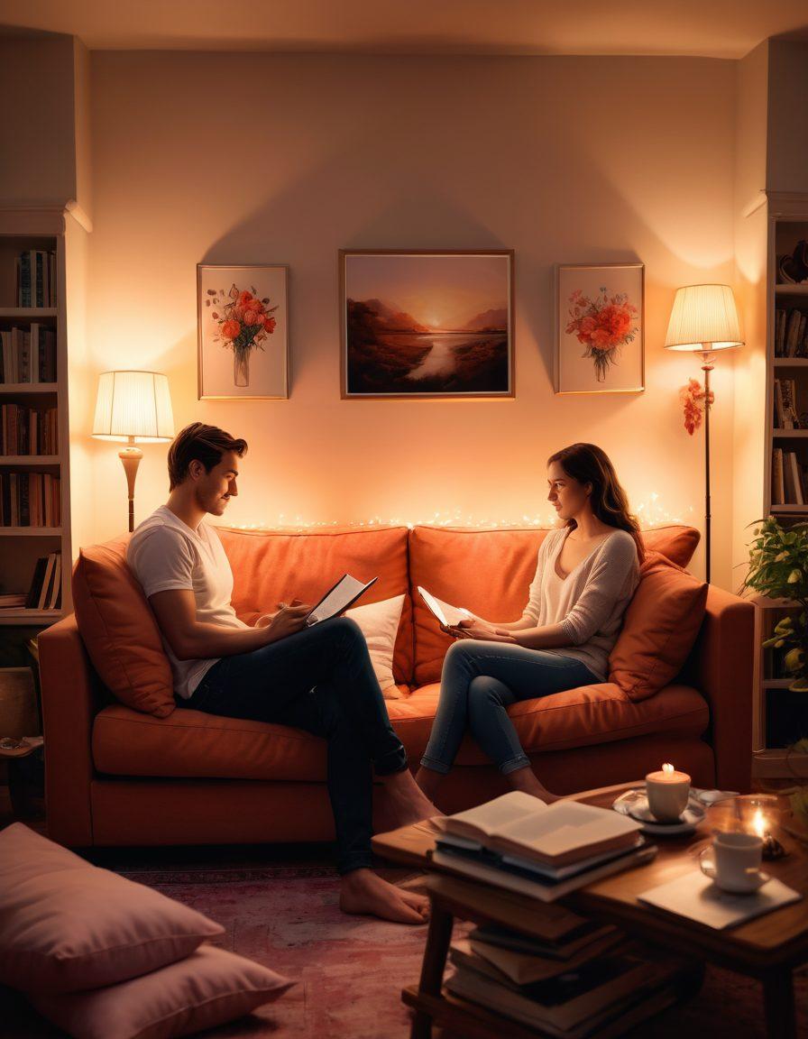 A stylized illustration of a couple sitting on a cozy couch, surrounded by open books and laptops, sharing intimate conversations about sexuality and intimacy. The room is softly lit with warm colors, creating a comfortable atmosphere. Include elements like heart-shaped cushions and gentle floral decorations to symbolize love and connection. super-realistic. warm tones. inviting ambiance.