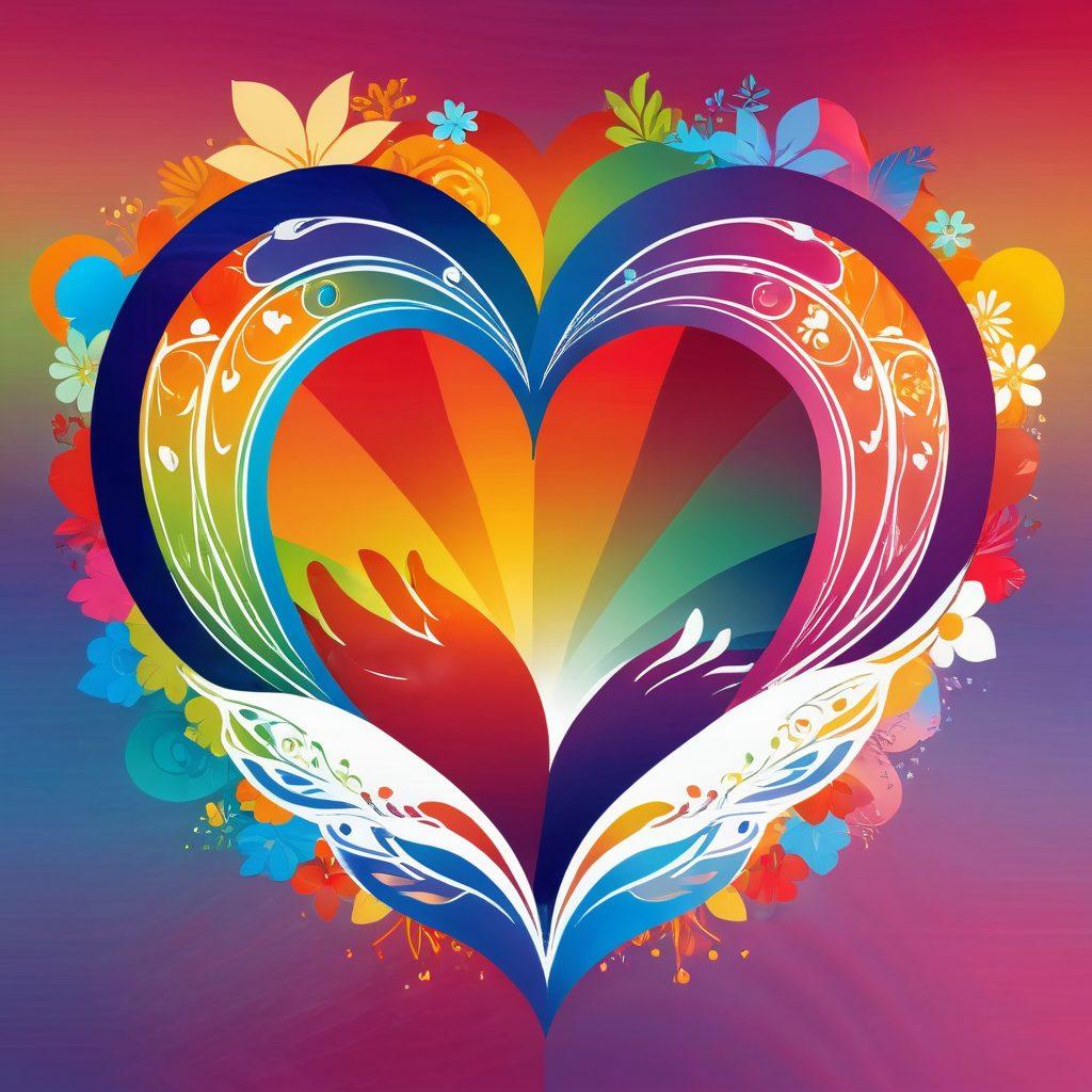 A captivating illustration featuring a colorful spectrum radiating from a central heart symbol, with diverse silhouettes representing various forms of intimacy and wellness, set against a gradient background that transitions through warm to cool tones, symbolizing openness and exploration in adult entertainment. The scene is enriched with subtle patterns of flowers and abstract shapes, promoting a sense of harmony and connection. vibrant colors. vector art.